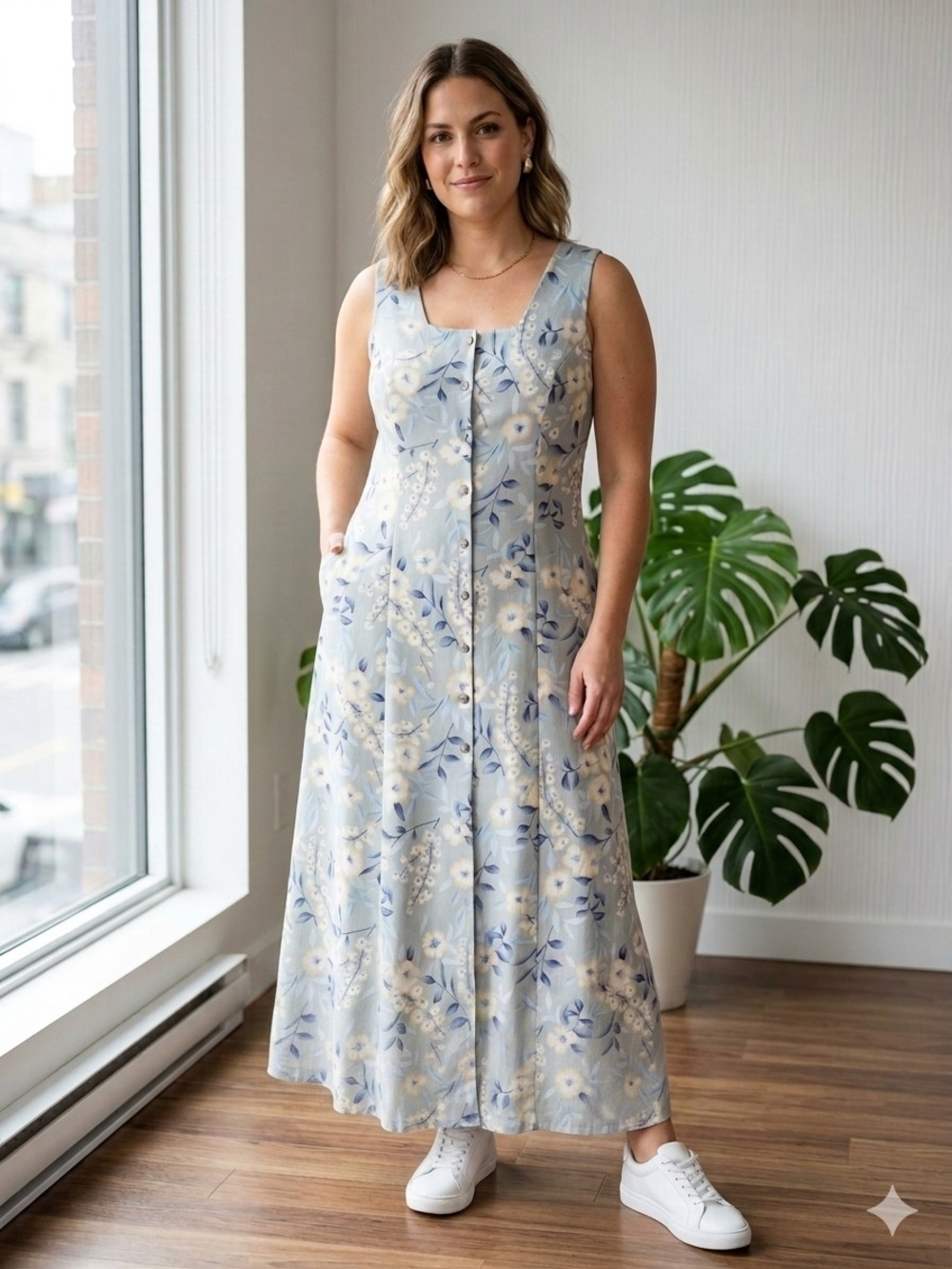 Vintage 90s Sleeveless Sage Floral Maxi Dress Cottagecore Retro Button Front XL